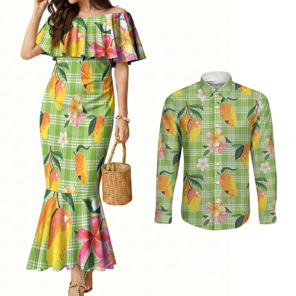 Aloha Hawaii Palaka Print Mango Plumeria Couples Matching Mermaid Dress and Long Sleeve Button Shirt Cool Mint LT7 Mint - Polynesian Pride