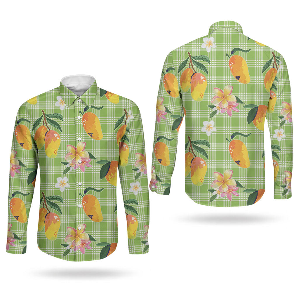 Aloha Hawaii Palaka Print Mango Plumeria Couples Matching Mermaid Dress and Long Sleeve Button Shirt Cool Mint LT7 - Polynesian Pride