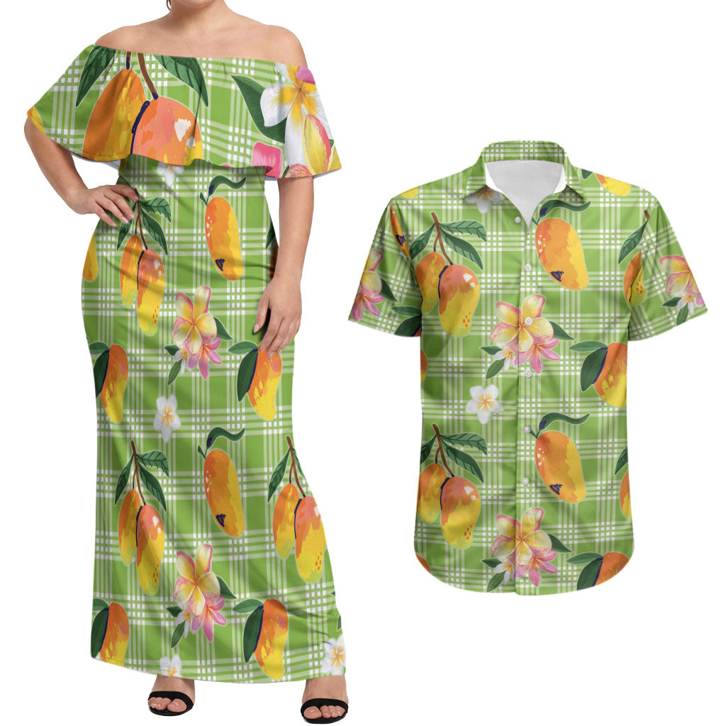 Aloha Hawaii Palaka Print Mango Plumeria Couples Matching Off Shoulder Maxi Dress and Hawaiian Shirt Cool Mint LT7 Mint - Polynesian Pride