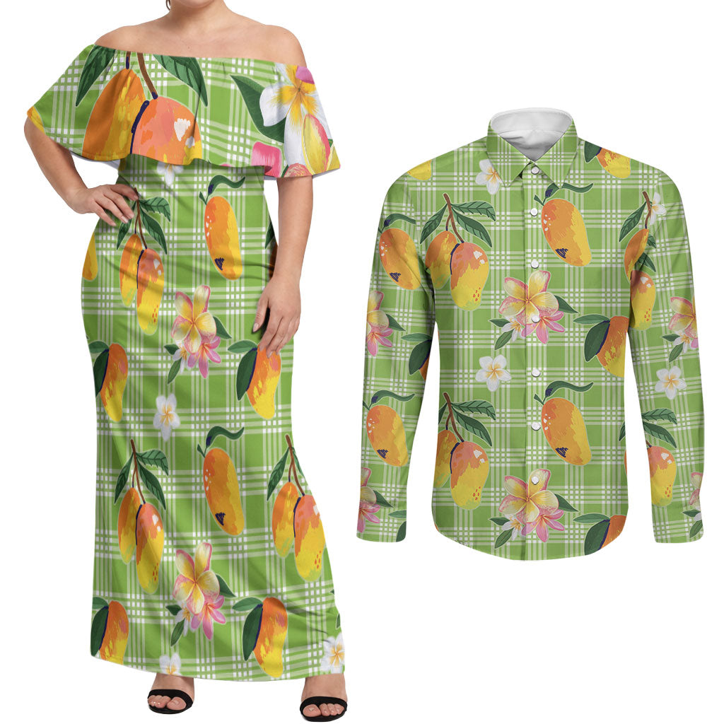 Aloha Hawaii Palaka Print Mango Plumeria Couples Matching Off Shoulder Maxi Dress and Long Sleeve Button Shirt Cool Mint LT7 Mint - Polynesian Pride