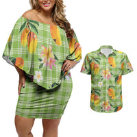 Aloha Hawaii Palaka Print Mango Plumeria Couples Matching Off Shoulder Short Dress and Hawaiian Shirt Cool Mint LT7 Mint - Polynesian Pride