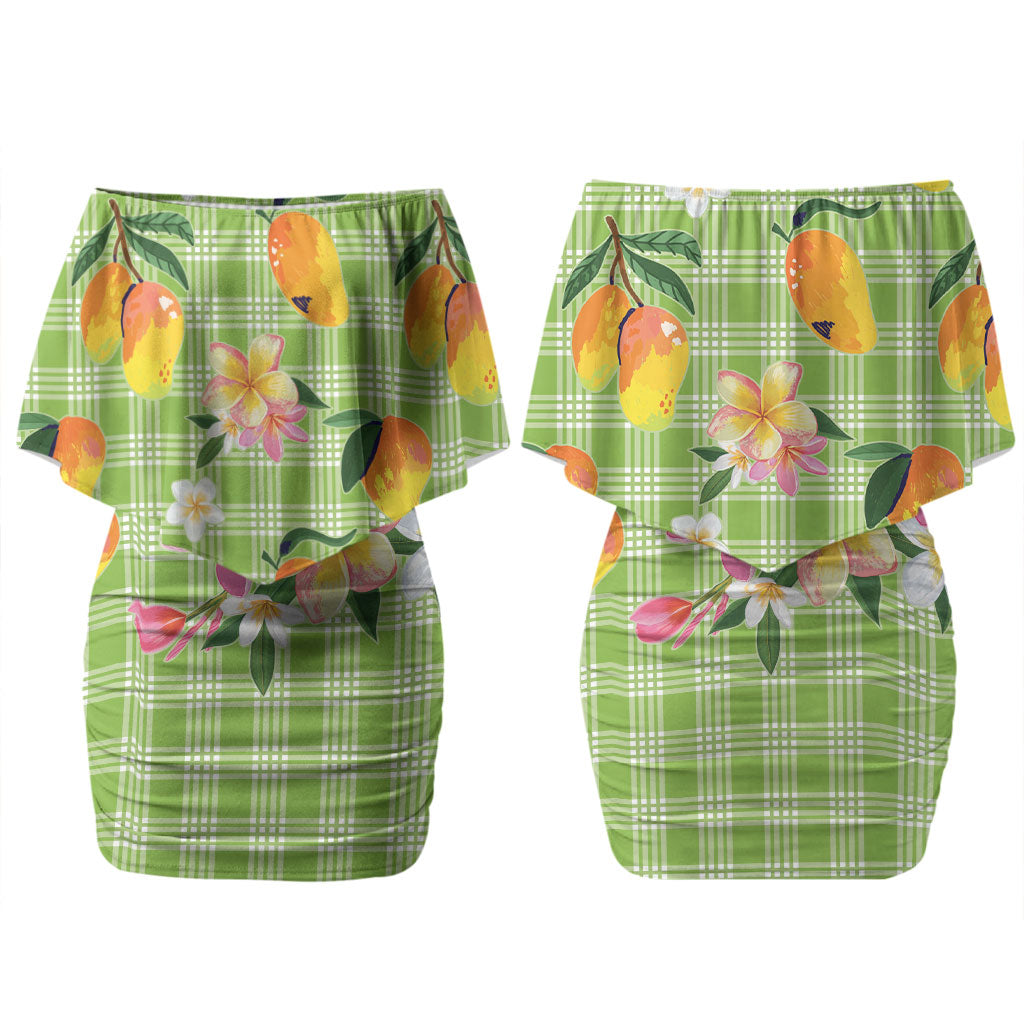 Aloha Hawaii Palaka Print Mango Plumeria Couples Matching Off Shoulder Short Dress and Hawaiian Shirt Cool Mint LT7 - Polynesian Pride