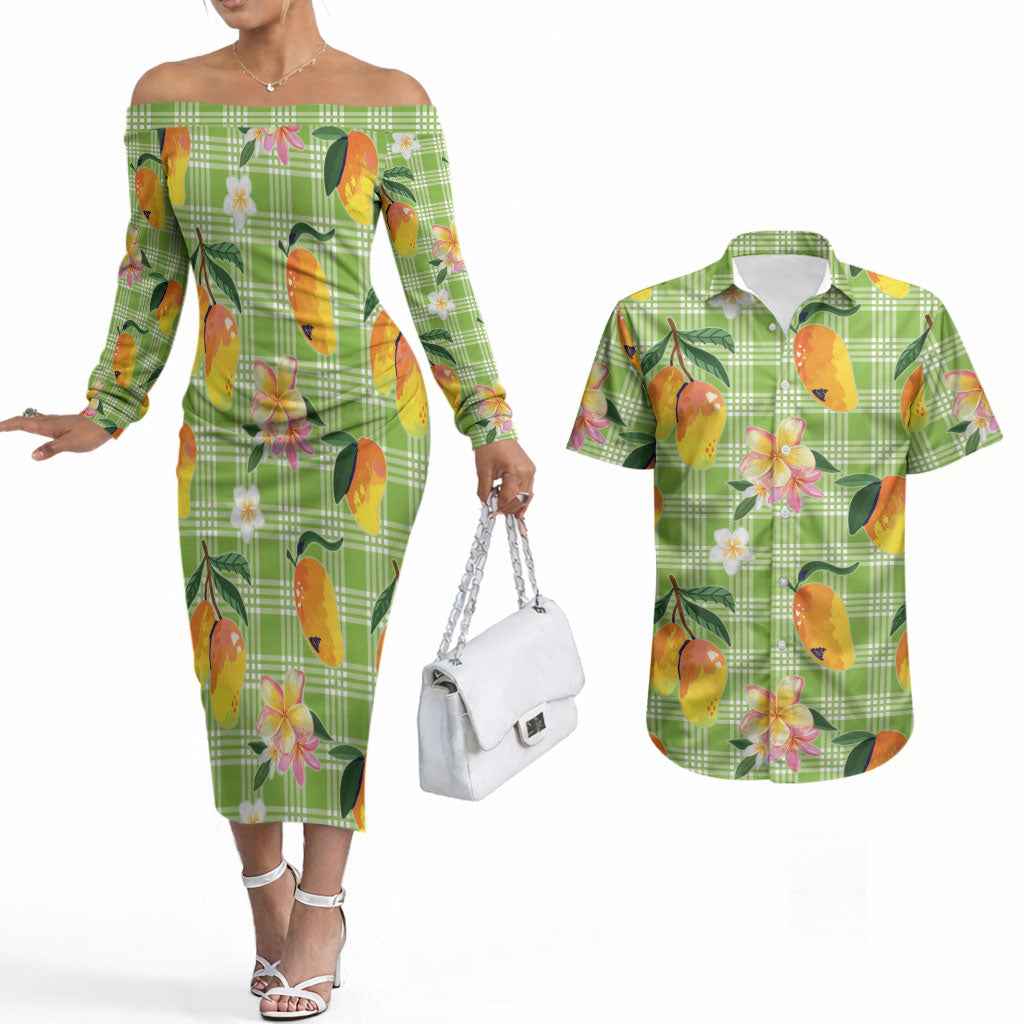 Aloha Hawaii Palaka Print Mango Plumeria Couples Matching Off The Shoulder Long Sleeve Dress and Hawaiian Shirt Cool Mint LT7 Mint - Polynesian Pride