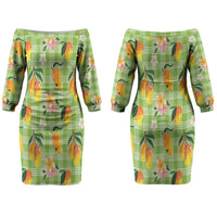 Aloha Hawaii Palaka Print Mango Plumeria Couples Matching Off The Shoulder Long Sleeve Dress and Hawaiian Shirt Cool Mint LT7 - Polynesian Pride