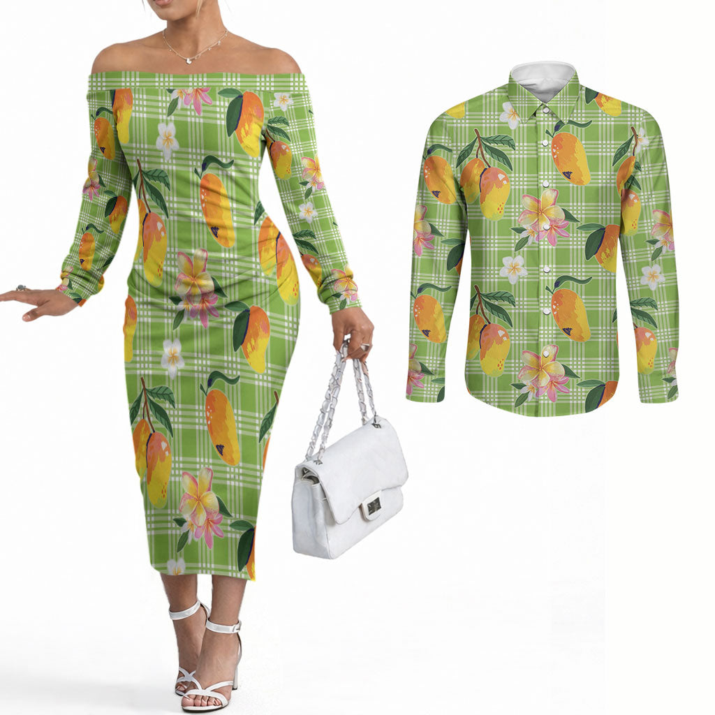 Aloha Hawaii Palaka Print Mango Plumeria Couples Matching Off The Shoulder Long Sleeve Dress and Long Sleeve Button Shirt Cool Mint LT7 Mint - Polynesian Pride