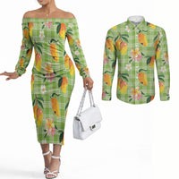 Aloha Hawaii Palaka Print Mango Plumeria Couples Matching Off The Shoulder Long Sleeve Dress and Long Sleeve Button Shirt Cool Mint LT7 Mint - Polynesian Pride