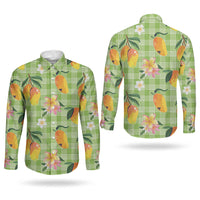 Aloha Hawaii Palaka Print Mango Plumeria Couples Matching Off The Shoulder Long Sleeve Dress and Long Sleeve Button Shirt Cool Mint LT7 - Polynesian Pride
