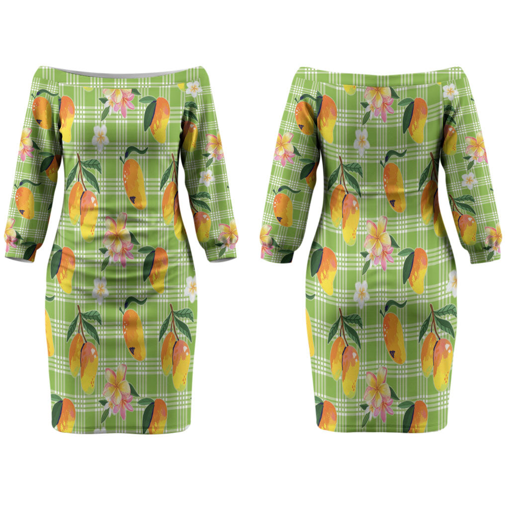 Aloha Hawaii Palaka Print Mango Plumeria Couples Matching Off The Shoulder Long Sleeve Dress and Long Sleeve Button Shirt Cool Mint LT7 - Polynesian Pride