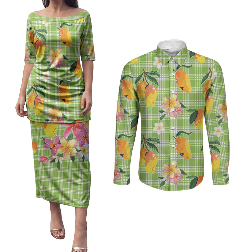 Aloha Hawaii Palaka Print Mango Plumeria Couples Matching Puletasi and Long Sleeve Button Shirt Cool Mint LT7 Mint - Polynesian Pride