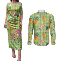 Aloha Hawaii Palaka Print Mango Plumeria Couples Matching Puletasi and Long Sleeve Button Shirt Cool Mint LT7 Mint - Polynesian Pride