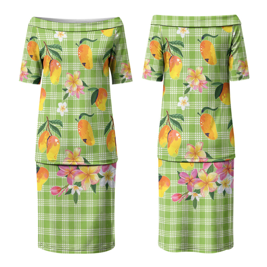 Aloha Hawaii Palaka Print Mango Plumeria Couples Matching Puletasi and Long Sleeve Button Shirt Cool Mint LT7 - Polynesian Pride