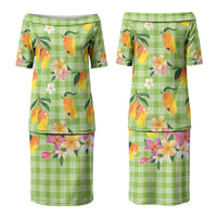 Aloha Hawaii Palaka Print Mango Plumeria Couples Matching Puletasi and Long Sleeve Button Shirt Cool Mint LT7 - Polynesian Pride