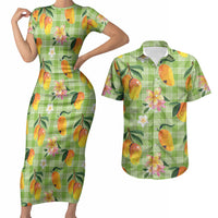 Aloha Hawaii Palaka Print Mango Plumeria Couples Matching Short Sleeve Bodycon Dress and Hawaiian Shirt Cool Mint LT7 Mint - Polynesian Pride