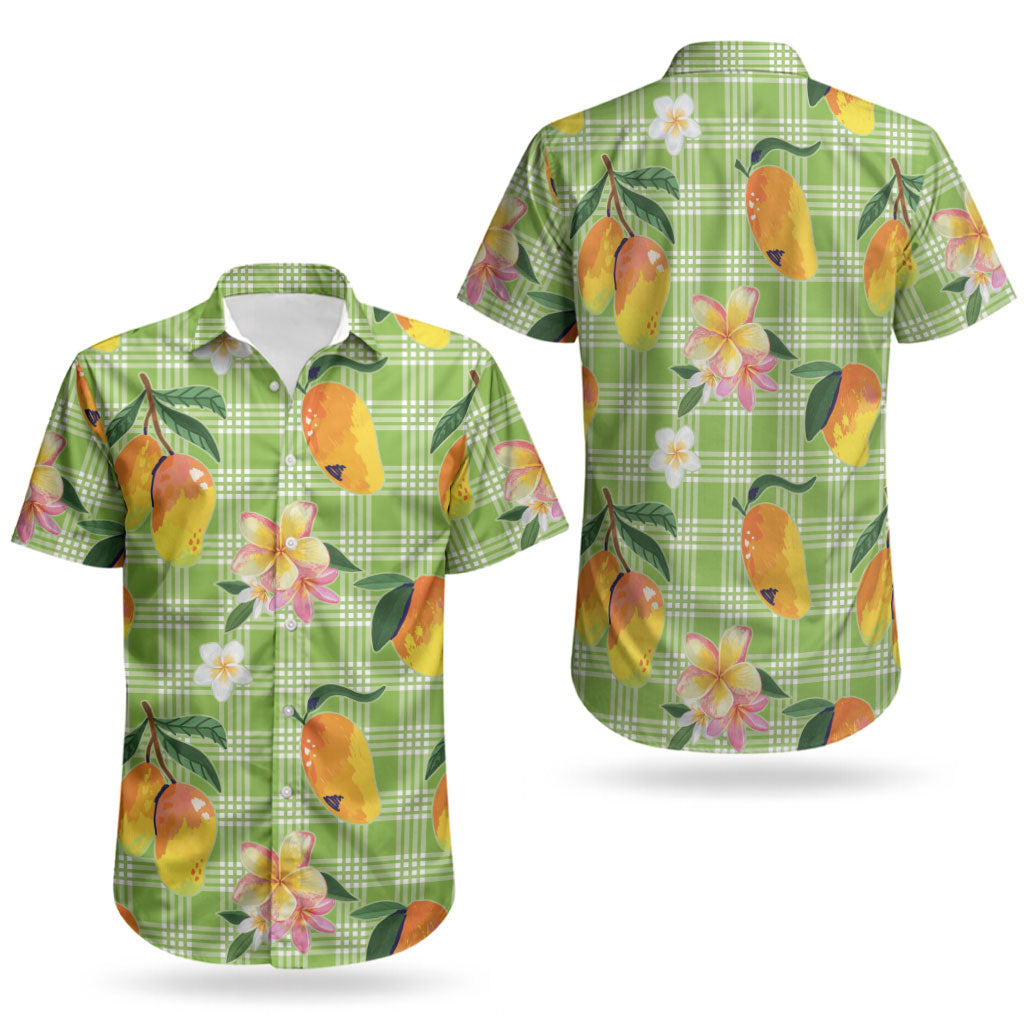 Aloha Hawaii Palaka Print Mango Plumeria Couples Matching Short Sleeve Bodycon Dress and Hawaiian Shirt Cool Mint LT7 - Polynesian Pride
