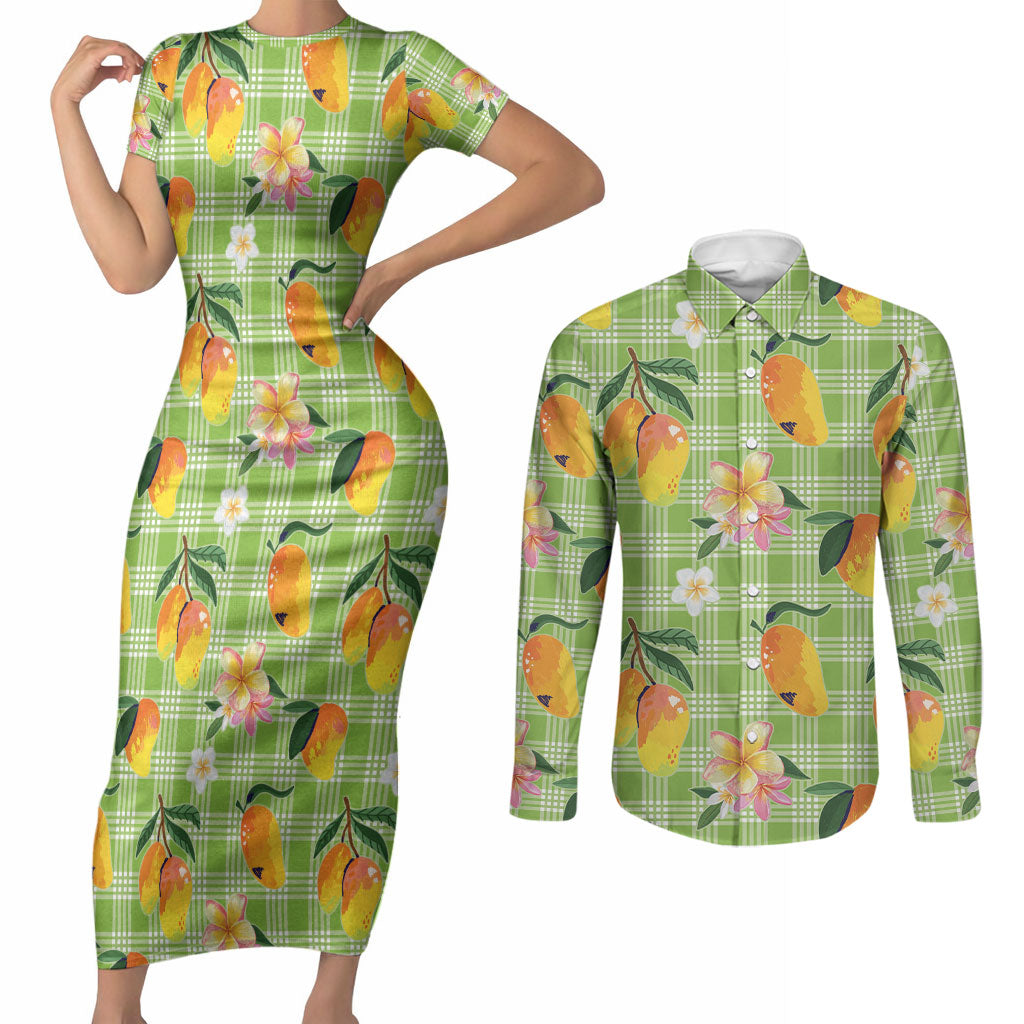 Aloha Hawaii Palaka Print Mango Plumeria Couples Matching Short Sleeve Bodycon Dress and Long Sleeve Button Shirt Cool Mint LT7 Mint - Polynesian Pride
