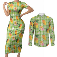 Aloha Hawaii Palaka Print Mango Plumeria Couples Matching Short Sleeve Bodycon Dress and Long Sleeve Button Shirt Cool Mint LT7 Mint - Polynesian Pride