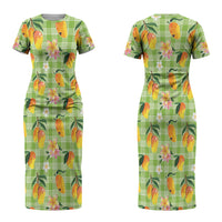 Aloha Hawaii Palaka Print Mango Plumeria Couples Matching Short Sleeve Bodycon Dress and Long Sleeve Button Shirt Cool Mint LT7 - Polynesian Pride