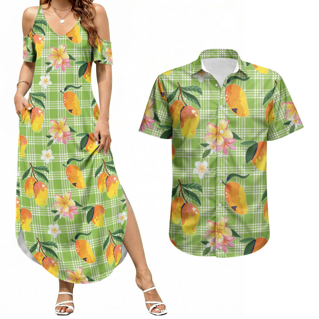 Aloha Hawaii Palaka Print Mango Plumeria Couples Matching Summer Maxi Dress and Hawaiian Shirt Cool Mint LT7 Mint - Polynesian Pride