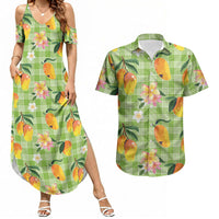 Aloha Hawaii Palaka Print Mango Plumeria Couples Matching Summer Maxi Dress and Hawaiian Shirt Cool Mint LT7 Mint - Polynesian Pride