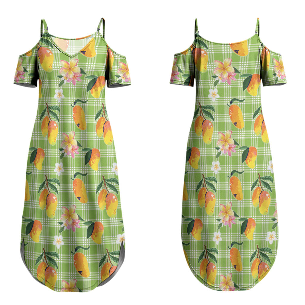 Aloha Hawaii Palaka Print Mango Plumeria Couples Matching Summer Maxi Dress and Hawaiian Shirt Cool Mint LT7 - Polynesian Pride