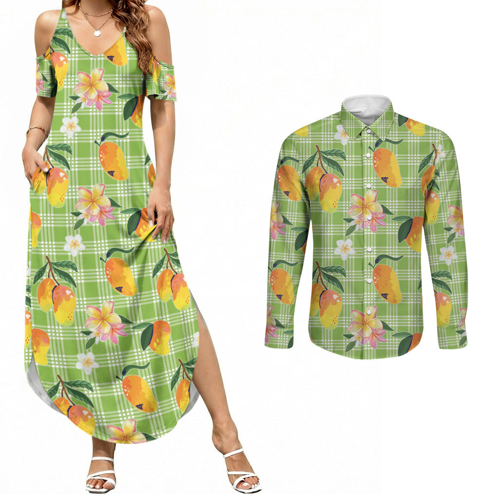 Aloha Hawaii Palaka Print Mango Plumeria Couples Matching Summer Maxi Dress and Long Sleeve Button Shirt Cool Mint LT7 Mint - Polynesian Pride