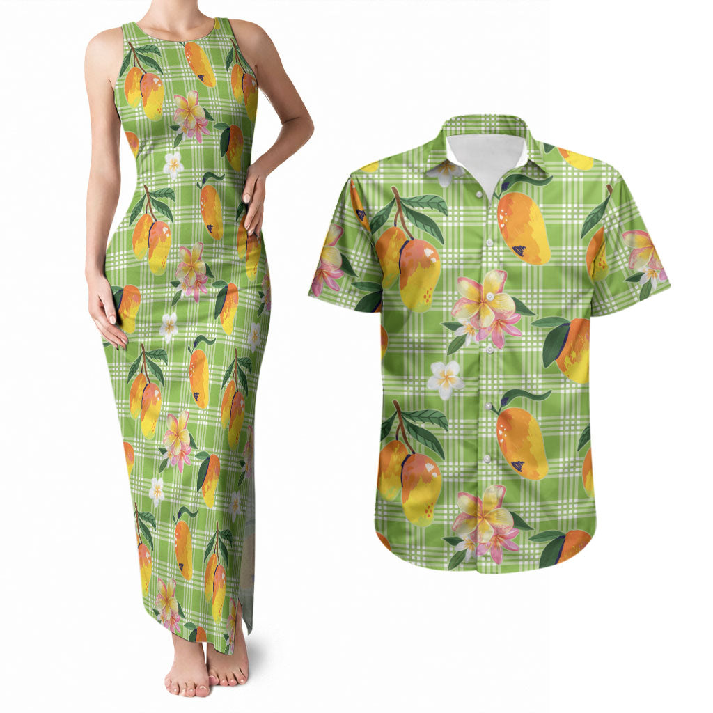 Aloha Hawaii Palaka Print Mango Plumeria Couples Matching Tank Maxi Dress and Hawaiian Shirt Cool Mint LT7 Mint - Polynesian Pride