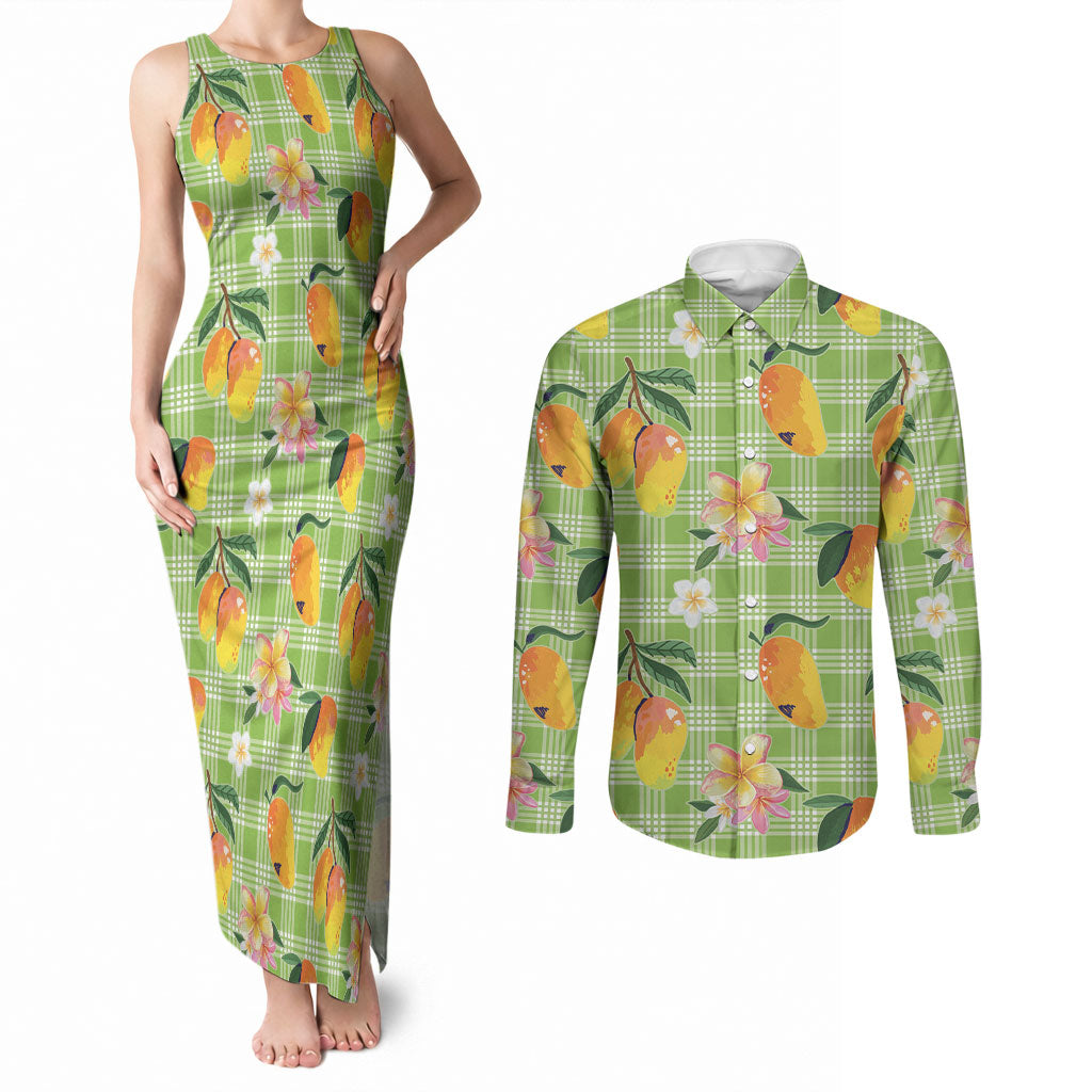 Aloha Hawaii Palaka Print Mango Plumeria Couples Matching Tank Maxi Dress and Long Sleeve Button Shirt Cool Mint LT7 Mint - Polynesian Pride
