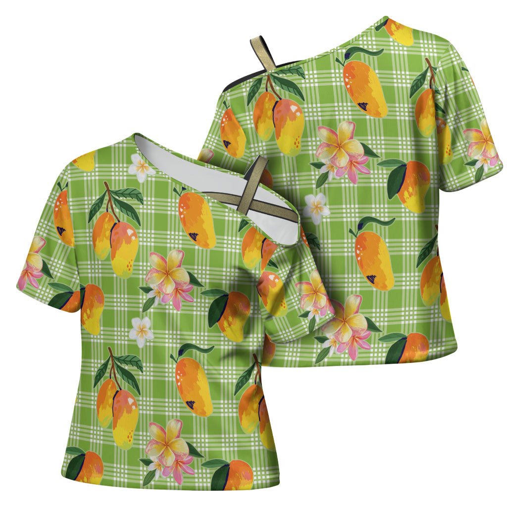 Aloha Hawaii Palaka Print Mango Plumeria Cross Shoulder Shirt Cool Mint LT7 - Polynesian Pride