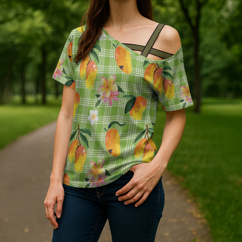 Aloha Hawaii Palaka Print Mango Plumeria Cross Shoulder Shirt Cool Mint LT7 - Polynesian Pride