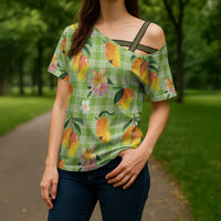 Aloha Hawaii Palaka Print Mango Plumeria Cross Shoulder Shirt Cool Mint LT7 - Polynesian Pride