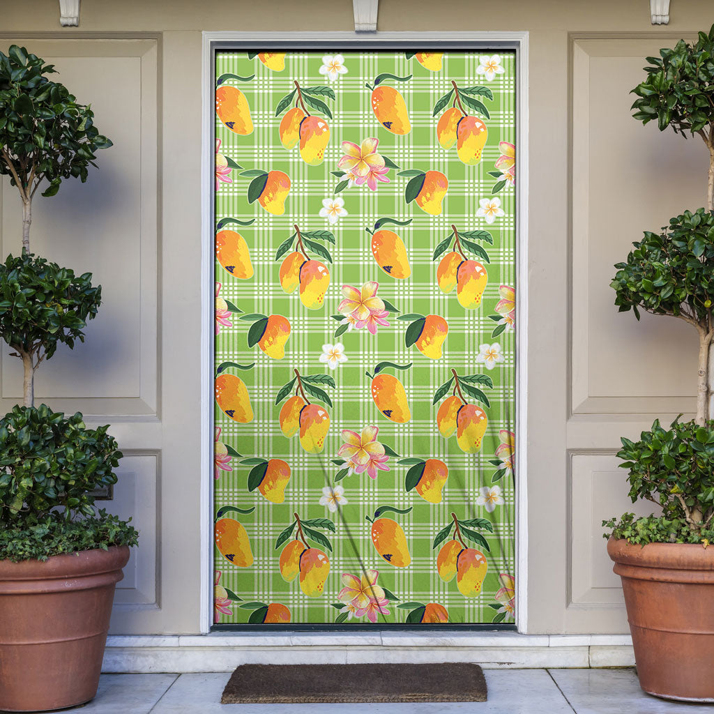 Aloha Hawaii Palaka Print Mango Plumeria Door Cover Cool Mint LT7 Mint - Polynesian Pride