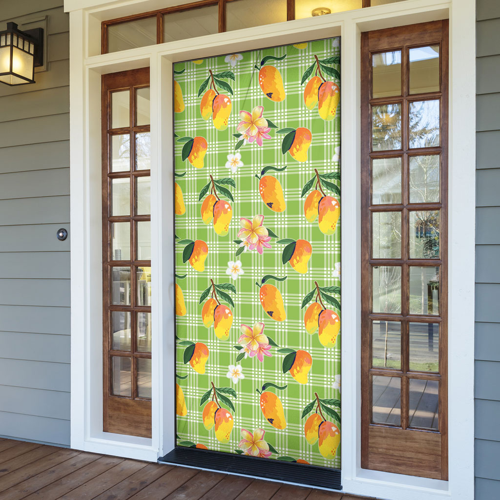 Aloha Hawaii Palaka Print Mango Plumeria Door Cover Cool Mint LT7 - Polynesian Pride