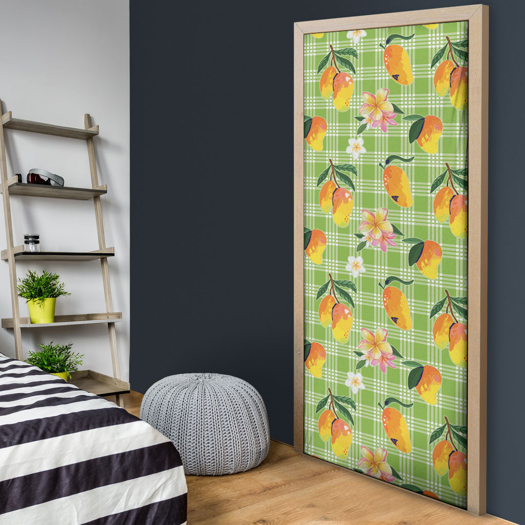 Aloha Hawaii Palaka Print Mango Plumeria Door Cover Cool Mint LT7 - Polynesian Pride