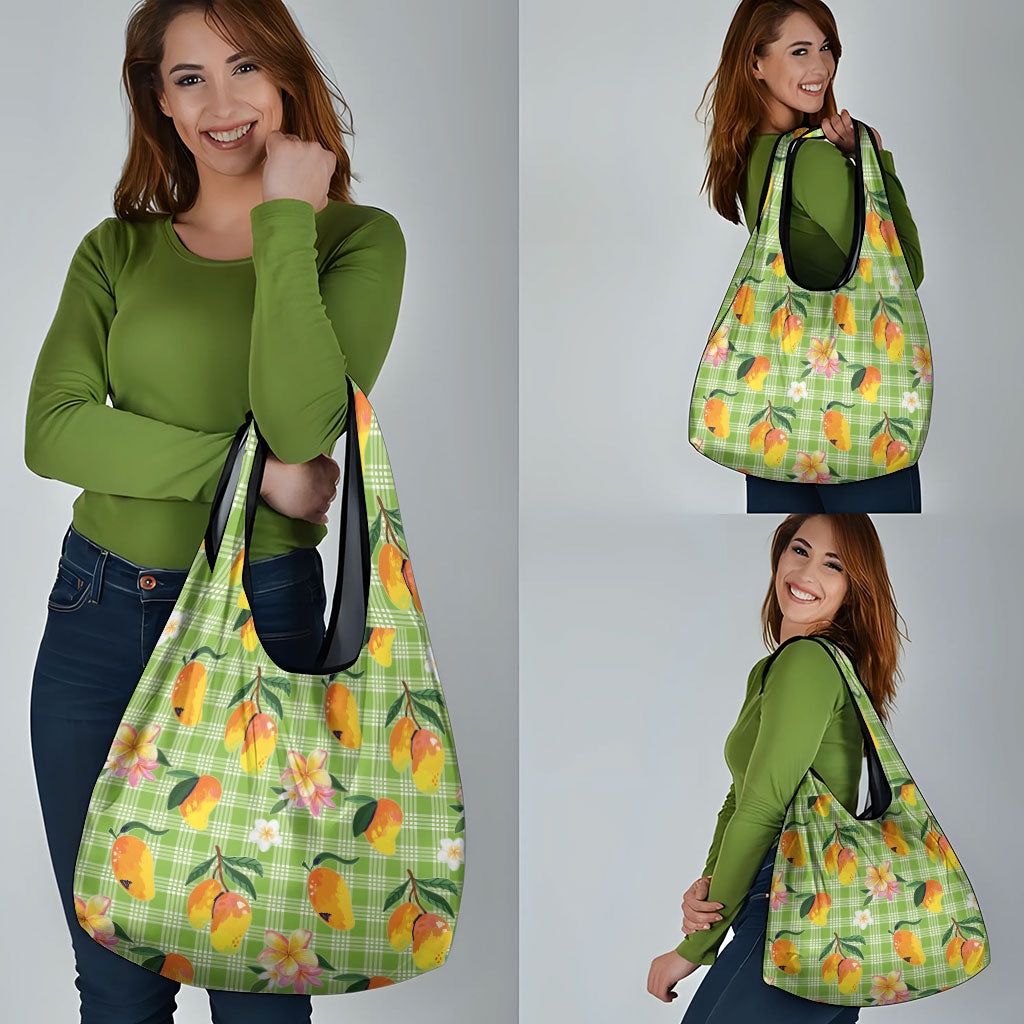 Aloha Hawaii Palaka Print Mango Plumeria Grocery Bag Cool Mint LT7 - Polynesian Pride