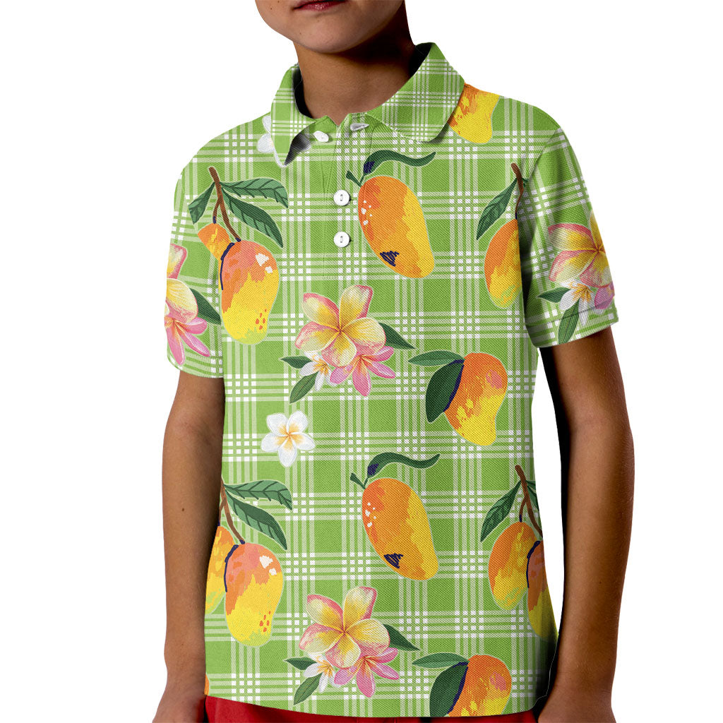 Aloha Hawaii Palaka Print Mango Plumeria Kid Polo Shirt Cool Mint LT7 Kid Mint - Polynesian Pride