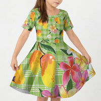 Aloha Hawaii Palaka Print Mango Plumeria Kid Short Sleeve Dress Cool Mint LT7 KID Mint - Polynesian Pride