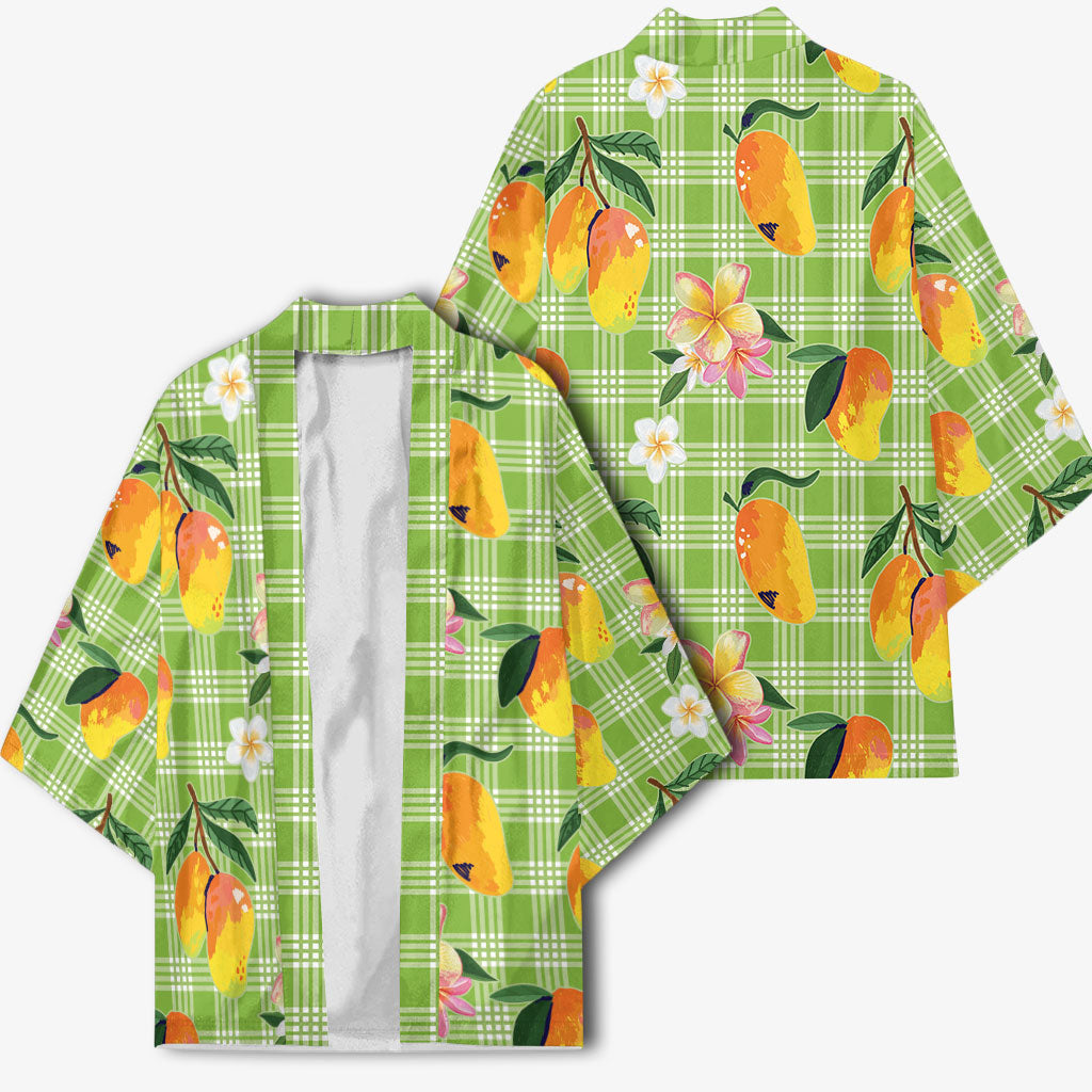 Aloha Hawaii Palaka Print Mango Plumeria Kimono Cool Mint LT7 - Polynesian Pride