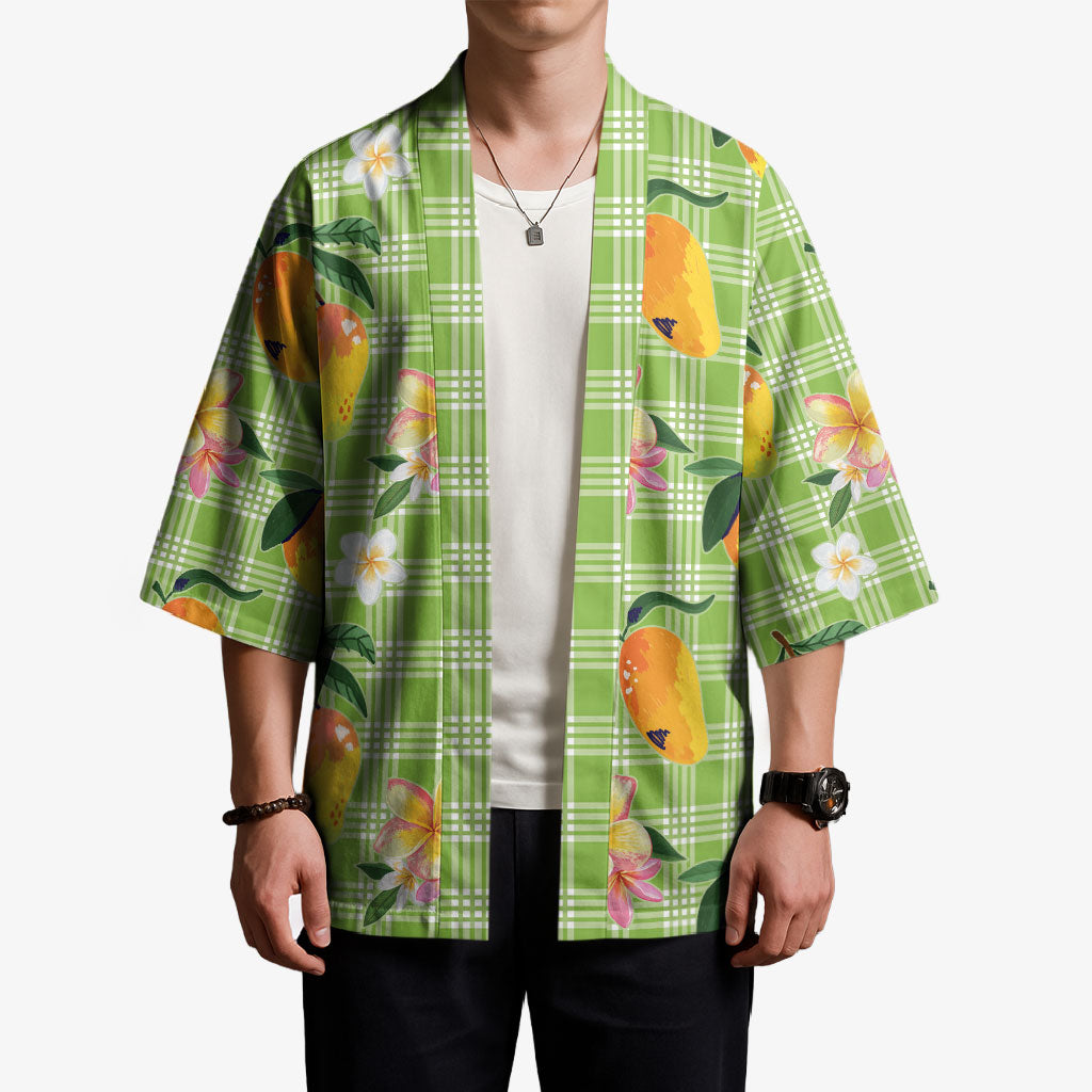 Aloha Hawaii Palaka Print Mango Plumeria Kimono Cool Mint LT7 - Polynesian Pride