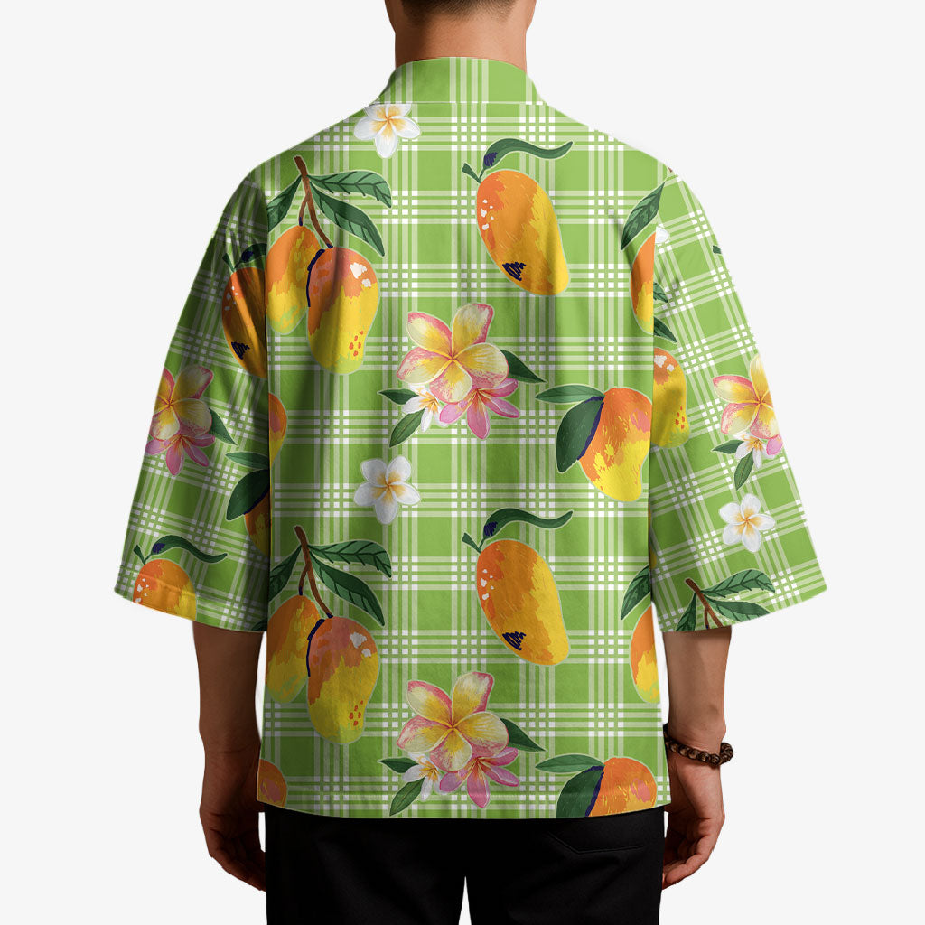 Aloha Hawaii Palaka Print Mango Plumeria Kimono Cool Mint LT7 - Polynesian Pride