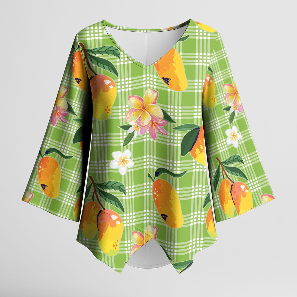 Aloha Hawaii Palaka Print Mango Plumeria Kimono Sleeve Blouse Cool Mint LT7 Female Mint - Polynesian Pride