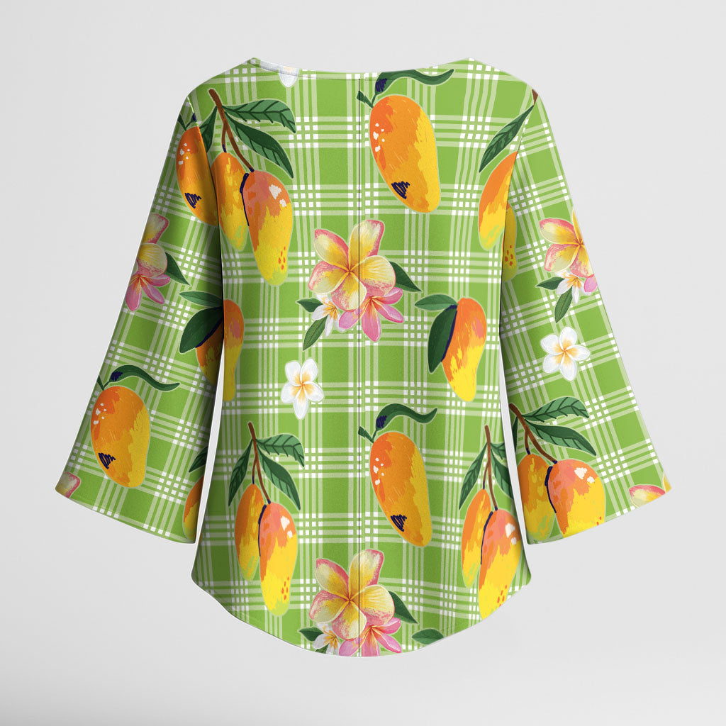 Aloha Hawaii Palaka Print Mango Plumeria Kimono Sleeve Blouse Cool Mint LT7 - Polynesian Pride