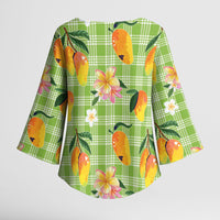 Aloha Hawaii Palaka Print Mango Plumeria Kimono Sleeve Blouse Cool Mint LT7 - Polynesian Pride