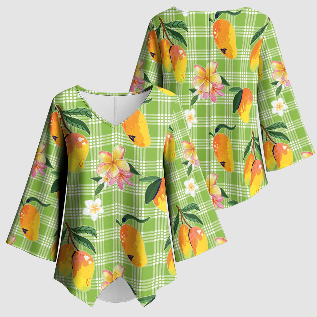 Aloha Hawaii Palaka Print Mango Plumeria Kimono Sleeve Blouse Cool Mint LT7 - Polynesian Pride