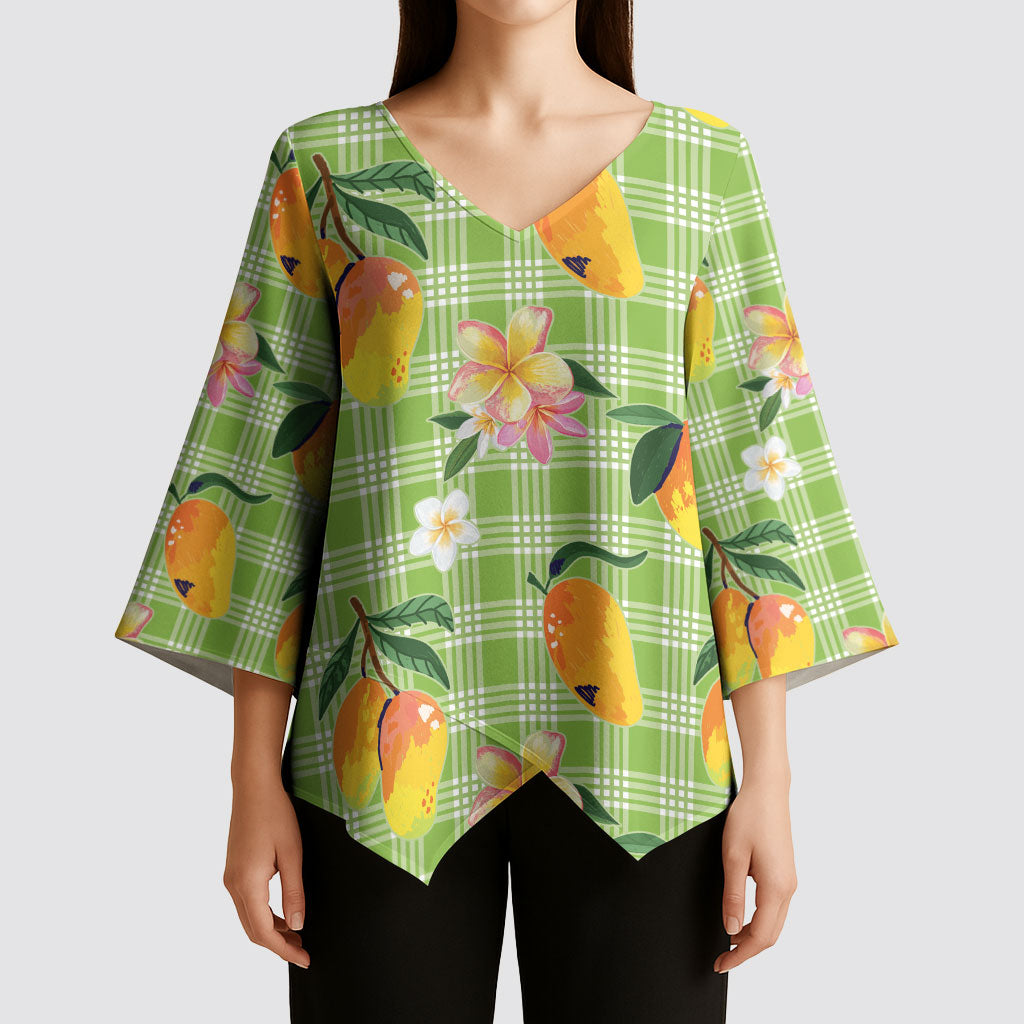 Aloha Hawaii Palaka Print Mango Plumeria Kimono Sleeve Blouse Cool Mint LT7 - Polynesian Pride