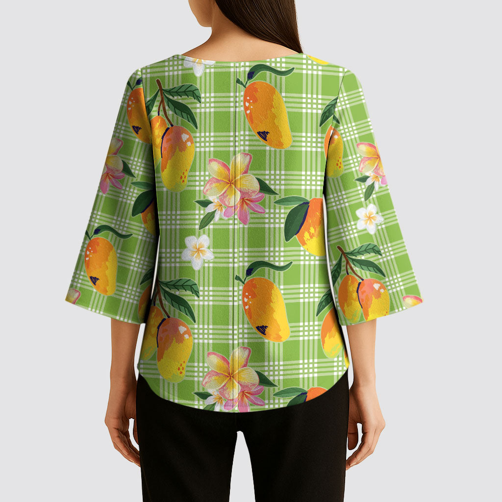 Aloha Hawaii Palaka Print Mango Plumeria Kimono Sleeve Blouse Cool Mint LT7 - Polynesian Pride
