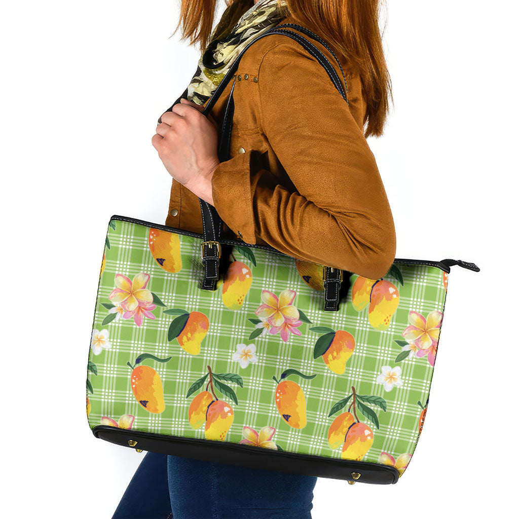 Aloha Hawaii Palaka Print Mango Plumeria Leather Tote Bag Cool Mint LT7 Mint - Polynesian Pride