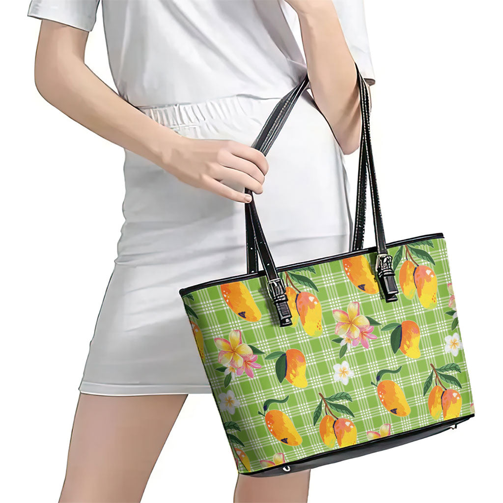 Aloha Hawaii Palaka Print Mango Plumeria Leather Tote Bag Cool Mint LT7 - Polynesian Pride
