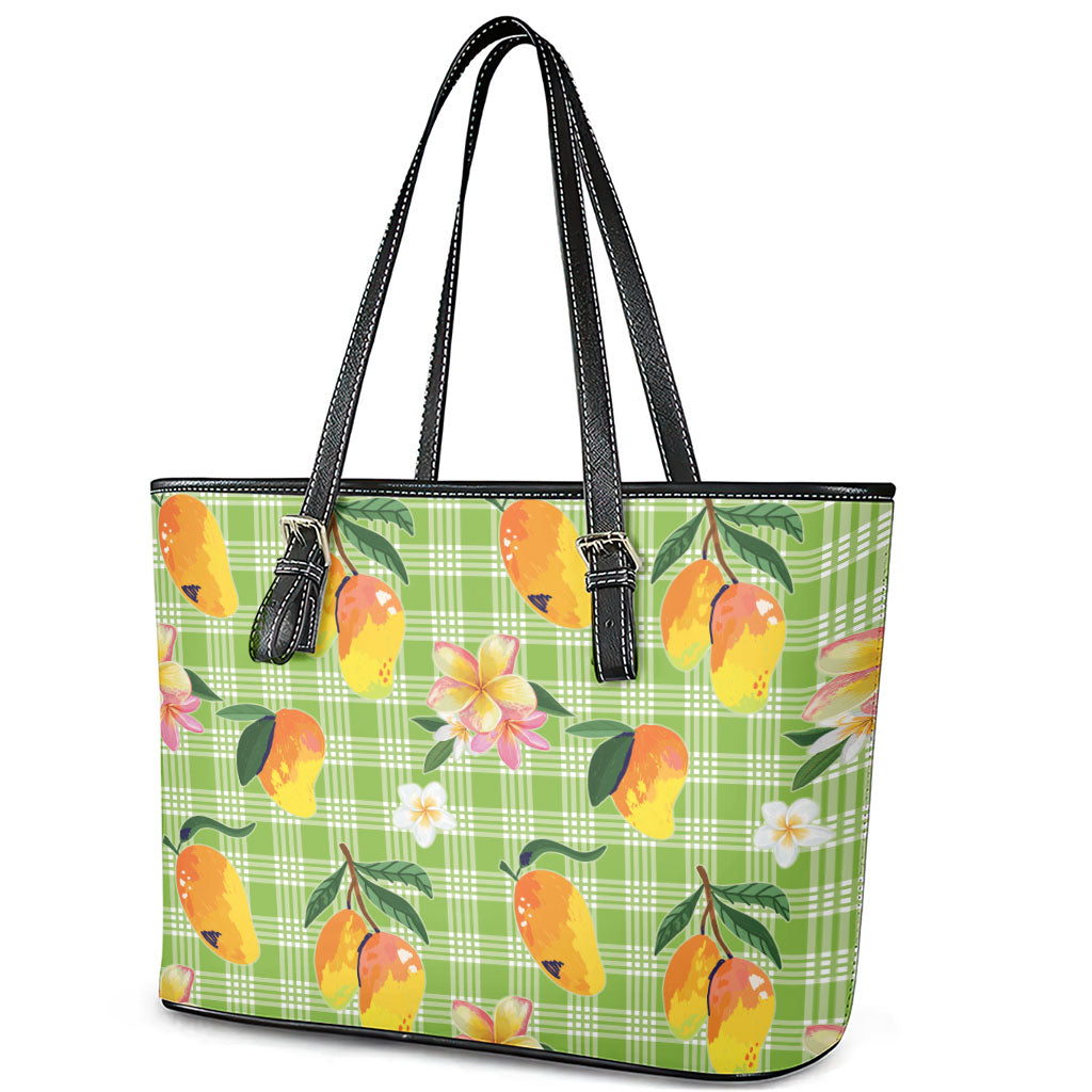 Aloha Hawaii Palaka Print Mango Plumeria Leather Tote Bag Cool Mint LT7 - Polynesian Pride
