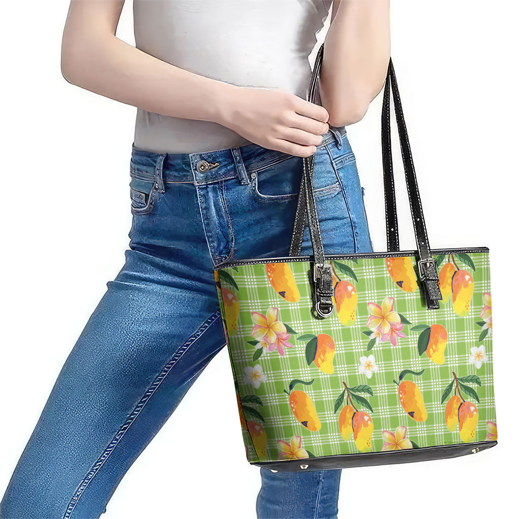 Aloha Hawaii Palaka Print Mango Plumeria Leather Tote Bag Cool Mint LT7 - Polynesian Pride