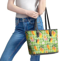 Aloha Hawaii Palaka Print Mango Plumeria Leather Tote Bag Cool Mint LT7 - Polynesian Pride